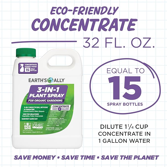 Earth's Ally 3-in-1 Plant Spray 32 oz Conc. Makes 3 gal | Better Than Neem Oil | Insecticide, Fungicide & Spider Mite Control for Organic Gardening, Pest Repellent for Indoor & Outdoor Gardening