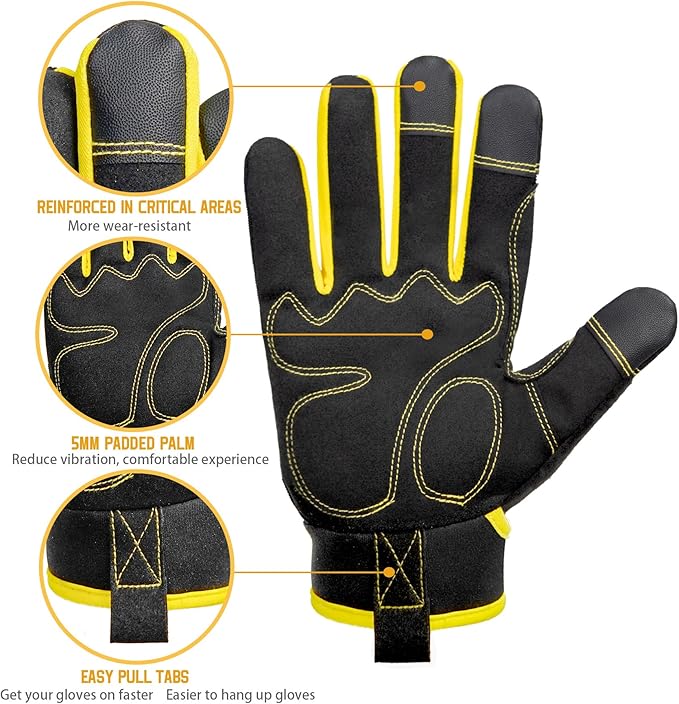 DLY Heavy Duty Work Gloves, Impact Protection Mechanic Gloves, Synthetic Leather Work Gloves, Touchscreen Capable