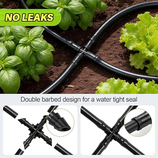 45 Pack 1/4" Drip Irrigation Cross Fittings, 1/4'' Dripline Barbed Cross Tee Connectors for 1/4 Inch Irrigation Tubing 4-way T Parts for Garden Drip Systems
