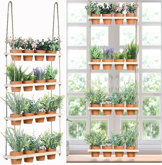 FillTouch 4 Tiered Window Plant Shelves Hanging Herb Planter Indoor Display with 16 Pcs Flower Pots Wood Window Plant Hanger for Grow Herbs Succulents Microgreens Seedling Organization