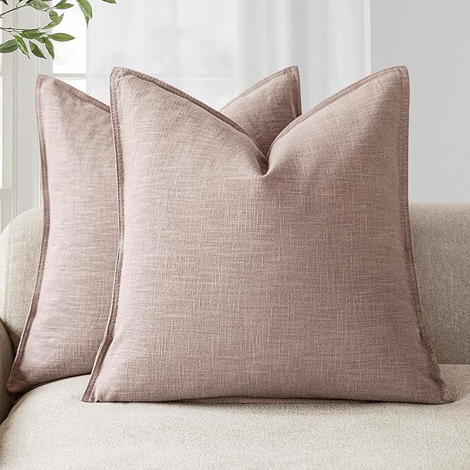Foindtower Set of 2, Decorative Linen Soild Throw Pillow Covers Soft Accent Euro Cushion Case Boho Farmhouse Pillowcase for Chair Couch Sofa Bedroom Living Room Home Decor 24 x 24 Inch Dusty Pink