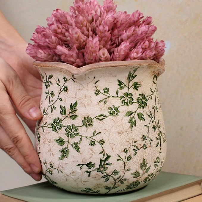 Xiaan Jiaju Vintage Ceramic 6.11'' Plant Pots, Decorative Vase for Indoor Garden, Room & Home Decor, Sage Beige