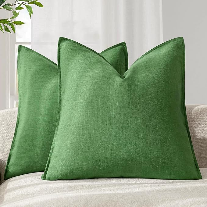 Foindtower Pack of 2, Decorative Linen Soild Throw Pillow Covers Soft Accent Euro Cushion Case Boho Farmhouse Pillowcase for Chair Couch Sofa Bedroom Living Room Home Decor 20 x 20 Inch Forest Green