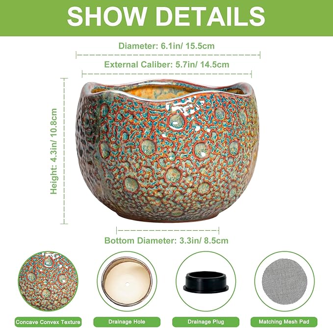 Ceramic Plant Pots - 6 Inch Plant Pot with Drainage Hole and Plug, Unique Planter for Indoor Plants Outdoor, Modern Planter, Round Orchid Pot, Room Decor, House Warming Gifts, Speckled-brown