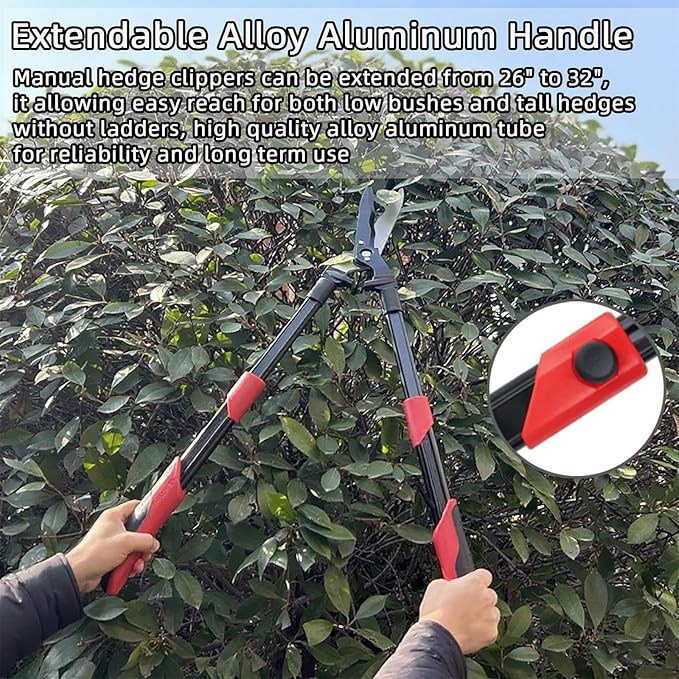 YRTSH Hedge shears, Extendable 26"-32" Hedge Clippers with Sharp Wavy Blade, Manual Hedge Trimmer for Trimming Borders and Shaping Shrubs, Garden Shears Pruner for Lawn and Yard Tools