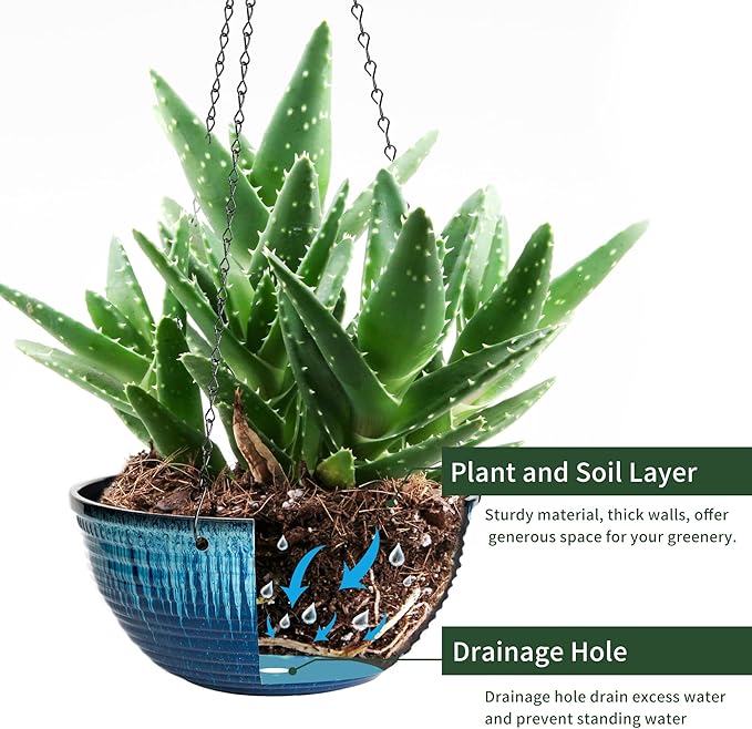 Vanslogreen 12 inch Hanging Planters for Indoor Outdoor Plants, 2 Pack Large Hanging Flower Pots with Drainage Holes and Chain, Glazed Hanging Baskets for Home Garden Decoration (Blue Flow Glaze)