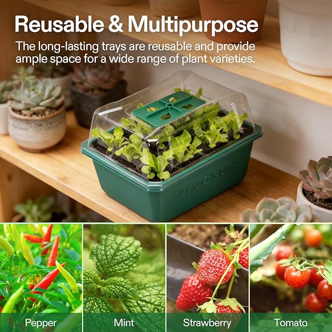 VIVOSUN 12-Pack Seed Starter Trays, 72-Cell Seed Starter Kit with Humidity Dome, Flat Reusable Plant Germination Trays with Drain Hole, Green Propagation Tray for Planting Seeds