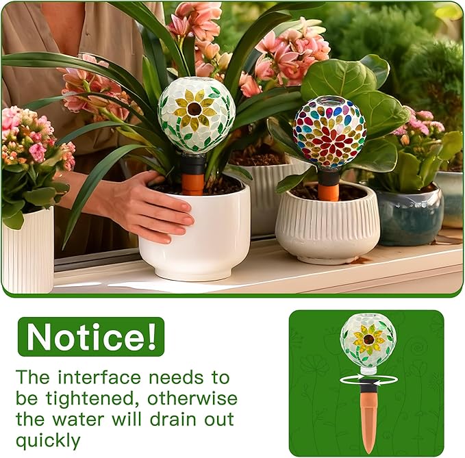 VOREEN Mosaic Plant Watering Globes with Terracotta Watering Spikes, 17oz Glass Self Watering Globes for Indoor & Outdoor Potted Plants, Decorative Water Drippers, Set of 2