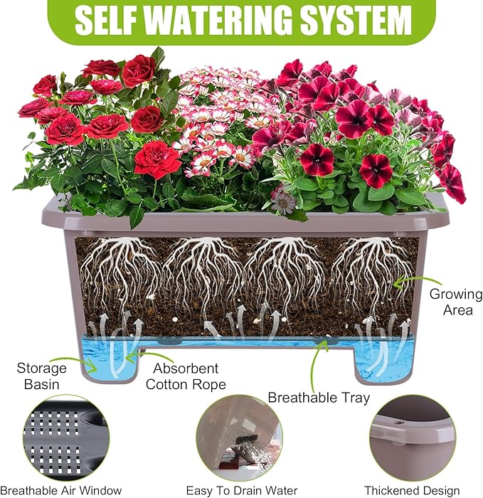 Oliz Self-Watering Rectangle Planter Boxes 8-Pack, 15.7-Inch Window Box Planter with Drainage Holes & Trays, Pots for Vegetables, Herbs, Flowers, Garden Windowsill Balcony (Coffee)