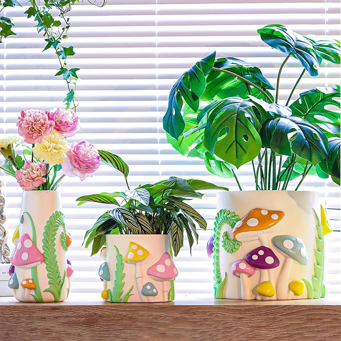 GUGUGO 8 Inch Pastel Mushrooms Planters, Cute Unique Rainbow Planter with Drainage, Colorful Vintage Retro Flower Plant pots for Indoor & Outdoor Plants, Eclectic Funny Room Decor Aesthetic (A,8 Inch)