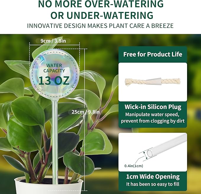 Soilagua 13 oz Up 2 Weeks Extra Large Plant Watering Globes, Iridescent Rainbow Glass Water Bulbs, Self Watering Planter Insert, Vacation Plant Watering Devices System, Automatic Plant Waterer, 2 Pack