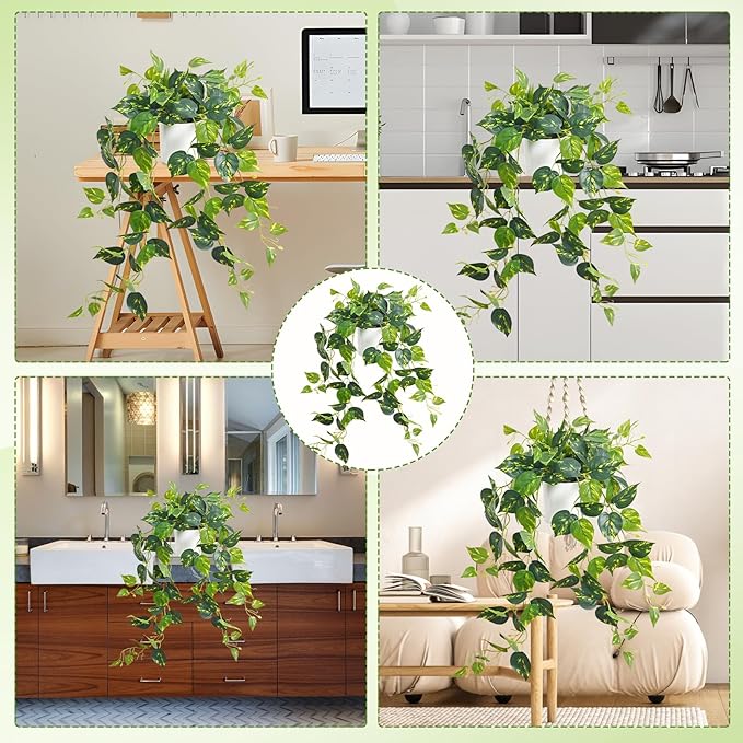 Waipfaru Fake Plants Artificial Plants Indoor, 1Pcs 34" Realistic Artificial Hanging Fake Pothos Vines Ivy Potted, Faux Pothos for Living Room Office Bedroom Bathroom Kitchen Shelves Indoor Home Decor