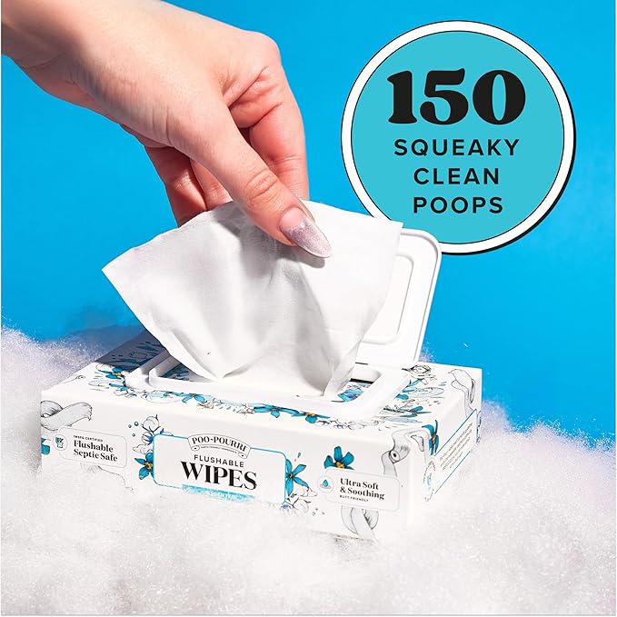 Poo~Pourri Unscented Flushable Wipes - Made with Plant Based Fibers, Aloe, Vitamin E, Chamomile, and Oat Extract - Adult Wet Wipes - 150 count - Septic & Sewer Safe - Fragrance Free Packaging May Vary