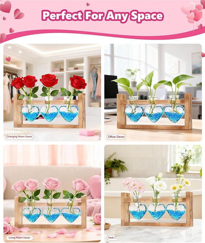 Nacome Plant Terrarium Propagation Stations: Mothers Day Gifts for Mom Plant Lovers Women Wife Daughter - 3 Bulb Glass Vase with Wooden Stand Tabletop for Hydroponics Home Garden Wall Decor