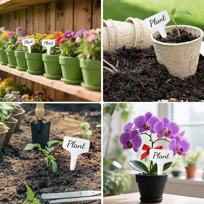 200 Pack Plant Labels T-Shape, 4 Inch Potted Plant Name Tags Plastic, Seedlings Seed Markers Nursery Plant Stake Tag with Marking Pen for Outdoor Indoor Garden Patio Flower Vegetable, White