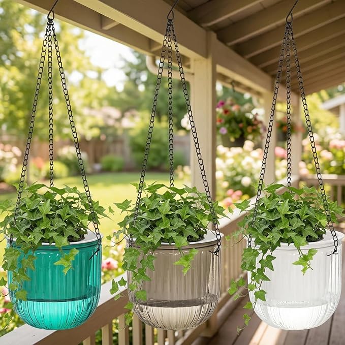 Pumtus 3 Pack Self Watering Hanging Planters, 6.5 Inch Hanging Flower Pot with Drainage Hole, Plastic Hanging Basket with 3 Hooks Chains, Plant Hanger for Indoor Outdoor Plants, Herbs (3 Colors)