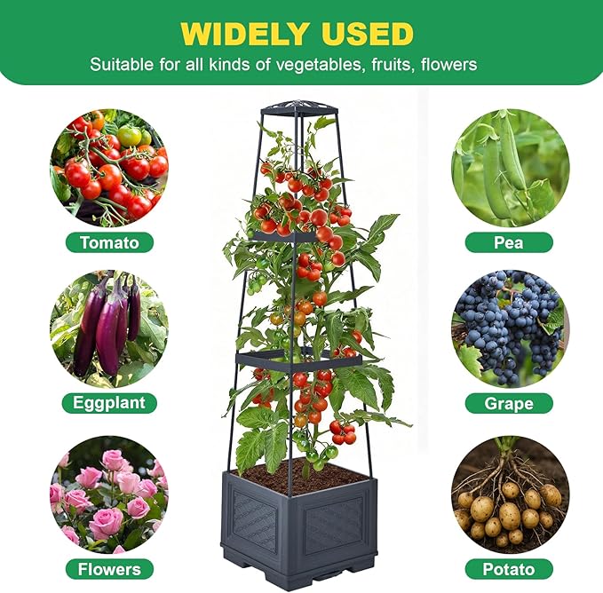 Raised Garden Bed, Tomato Cages for Garden, Tomato Cage, Raised Garden Beds Outdoor, Planter Box with Trellis, 44.8" Self-Watering Tomato Planter for Climbing Plants Vegetables Flowers(With Wheels)