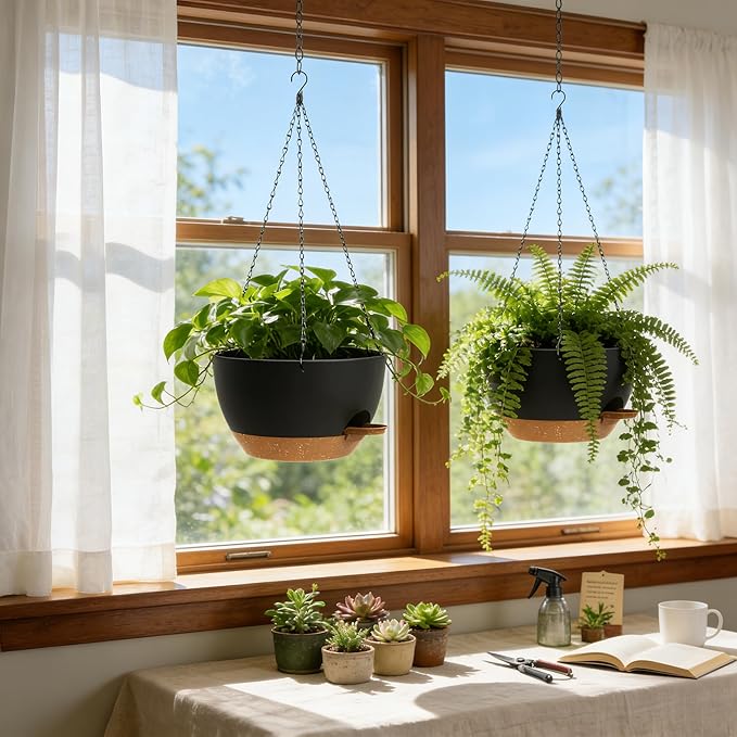 UOUZ 13 Inch 2 Pack Large Self Watering Hanging Planters for Indoor Outdoor Plants, Hanging Plant Pots with Removable 50 Oz Reservoir, Plastic Hanging Basket for Window Porch Garden, Black with Brown