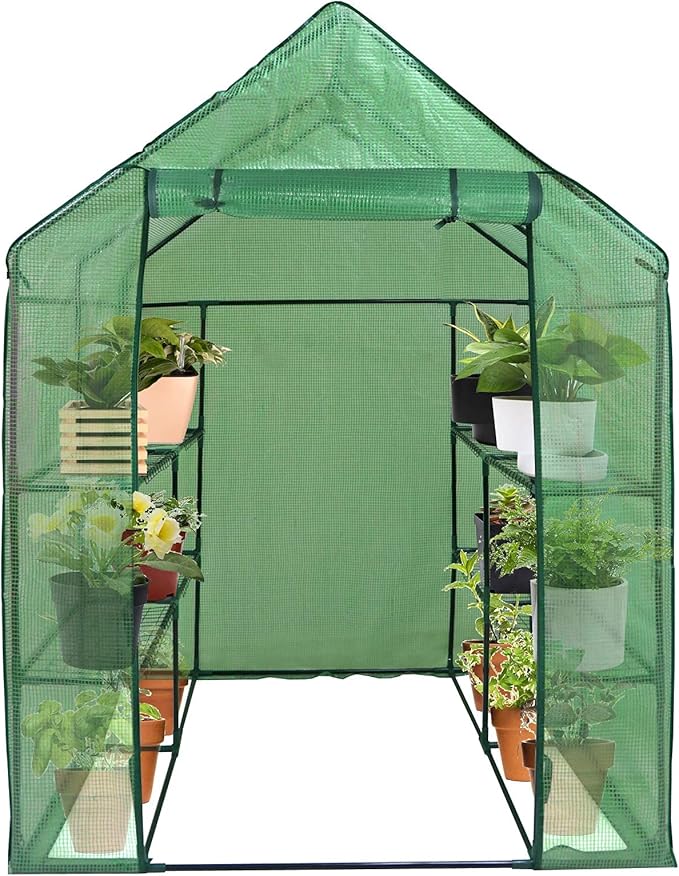 2 Tiers 8 Shelves Walk-in Green House, Portable Greenhouse w/Durable PE Cover, Roll Up Zipper Door, Steel Frame Greenhouse w/ Ground Pegs, Ropes for Garden, Patio, Backyard