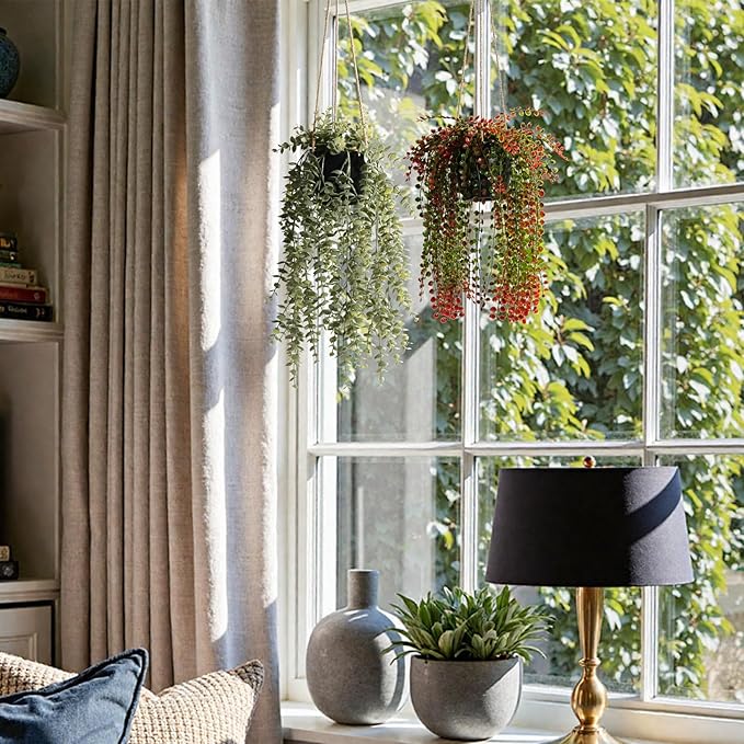 3 Packs Fake Hanging Plants with Black Pots, 18" Artificial Hanging Plants for Wall Decor, Fake Fern Plants Mandala Vine for Home Bathroom Bedroom Kitchen Office Room Decor