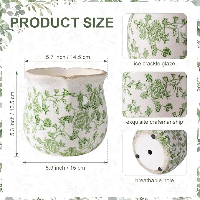 DREAMLOOM Vintage Ceramic Planter for Indoor Plants,6.1" Ice Crack Cottage Scroll Vase Tuscan Decor Flower Pots with Drainage Holes Home Kitchen Farmhouse Antique Decorative Gift (Green-Corrugated)
