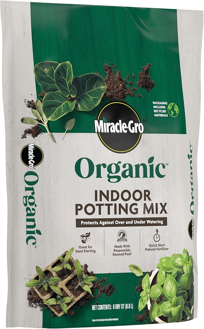 Miracle-Gro Organic Indoor Potting Mix - Protects Against Over and Under Watering, Planting Soil for Indoor Container Plants, Houseplants and Starter Plants, OMRI Listed, 8 qt. (2-Pack)