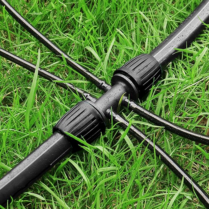 Drip Irrigation Fittings for 1/2 Inch to 1/4 Inch Tubing Reducing Tee, 12 Pcs 1/2'' to 1/4" Drip Line Anti-Drop Locked Nut Barbed Reducer 6 Way Tee Connectors & 12 Pcs End Caps for Drip Systems