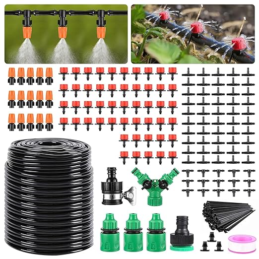 Garden Drip Irrigation Kit,164FT Greenhouse Micro Automatic Drip Irrigation System Kit with 1/4 inch Blank Distribution Tubing Hose Adjustable Patio Misting Nozzle Emitters Sprinkler