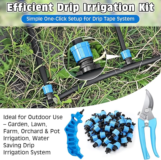 Feekoon Drip Irrigation Tool Kit, 50 Pcs Drip Tape Connectors, Drip Irrigation Tubing Hole Punch, Drip Tape Cutter,1/4 Barb Coupling Locking Fittings for 5/8 Drip Tape, Drip Tape Fittings