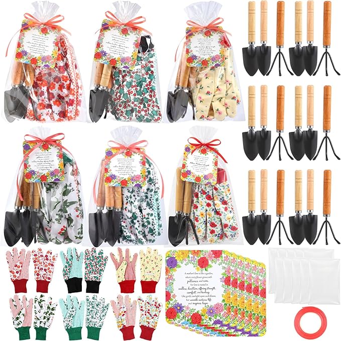 Cuffbow 6 Set Mother's Day Gardening Gifts Floral Gardening Gloves, Garden Shovel, Mini Garden Tools with Mother's Day Cards and Bags for Mom Grandma Birthday Gift (Cute)