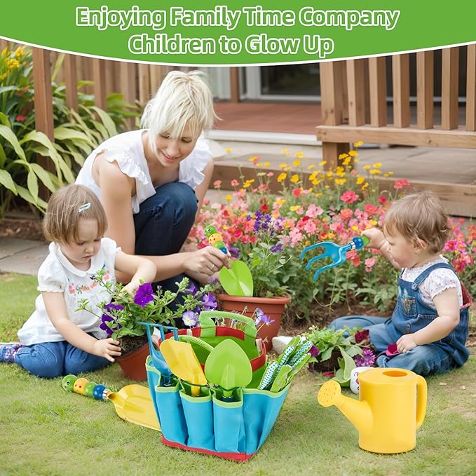 FITNATE Green Kids Garden Tools Set,6 PCS Gardening Tools for Kids Including Watering Can, Shovel, Rake, Fork, Children Gardening Gloves and Garden Tote Bag, All in One Set