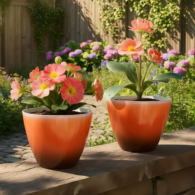 Vanslogreen Plant Pots for Indoor Outdoor Plants, Pack of 4 Plastic Flower Pots with Drainage Holes and Saucers, 8 Inch Glazed Planters for Indoor Plants Office Home Decor (Orange, 4pcs)