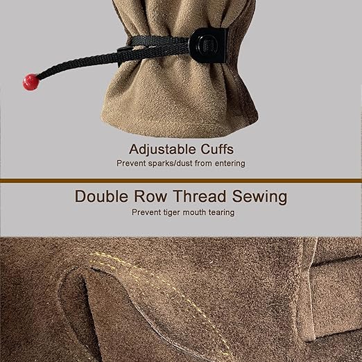 Leather Work Gloves for Men Women with Cotton Lining, Thorn Proof Gardening Gloves for TIG/MIG Welding, Construction (Brown, Large)