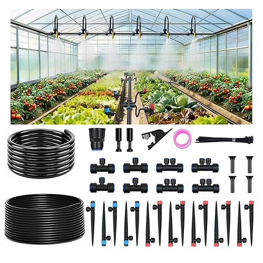 Drip Irrigation Kit for Garden, Automatic Watering System with Quick Connect Fittings, Adjustable Spray Nozzles, Water Saving Irrigation System for Yard, Greenhouse, Lawn & Potted Plants (60FT)