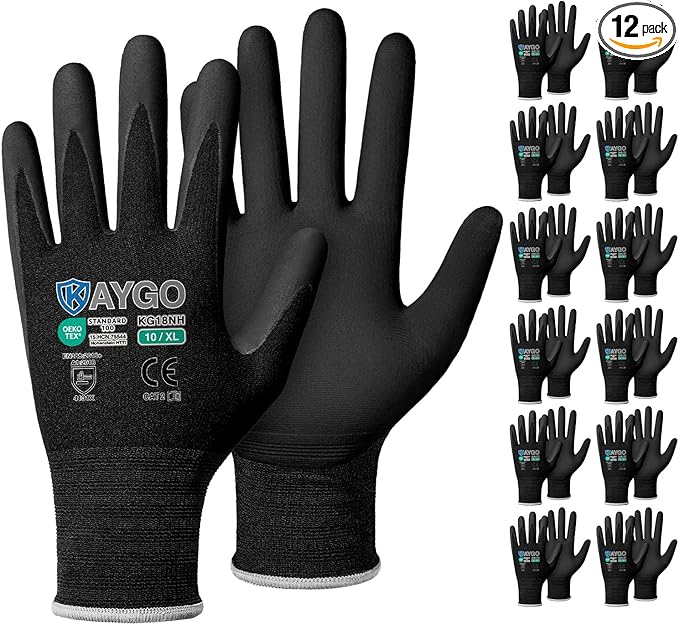 KAYGO Safety Work Gloves MicroFoam Nitrile Coated, 12 Pairs KG18NB,Seamless Knit Nylon Glove with full fingers Touchscreen, Ideal for Automotive,Warehouse,Construction (XL, Black)