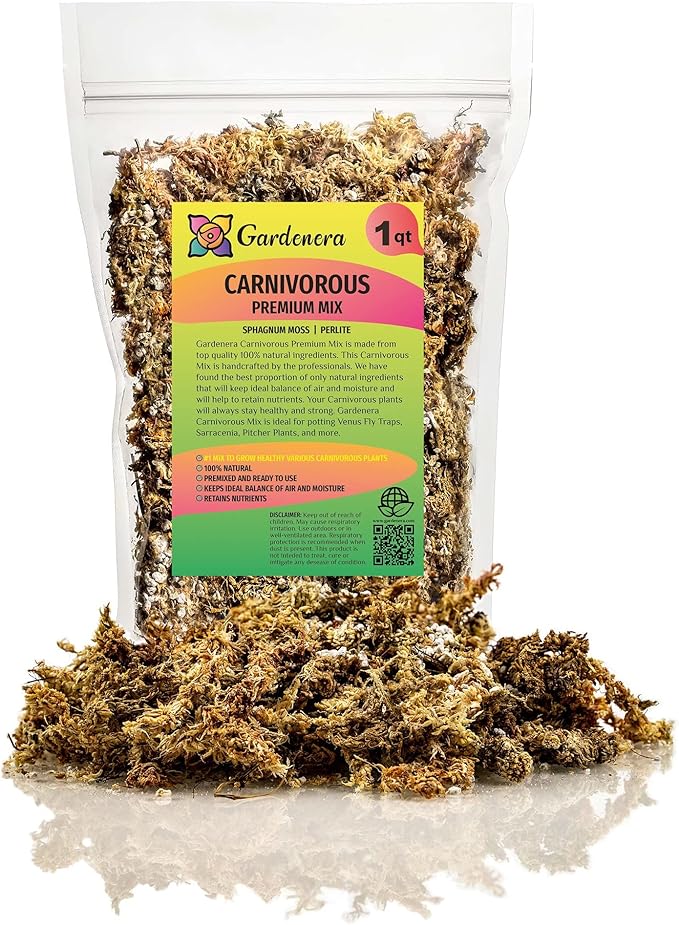 Gardenera Sphagnum Moss Potting Mix for Carnivorous Plants, Moss and Perlite Blend for Potting Venus Fly Traps, Sarracenia, Pitcher Plants - 75% Sphagnum Moss + 25% Perlite - Made in USA - 3 Quart