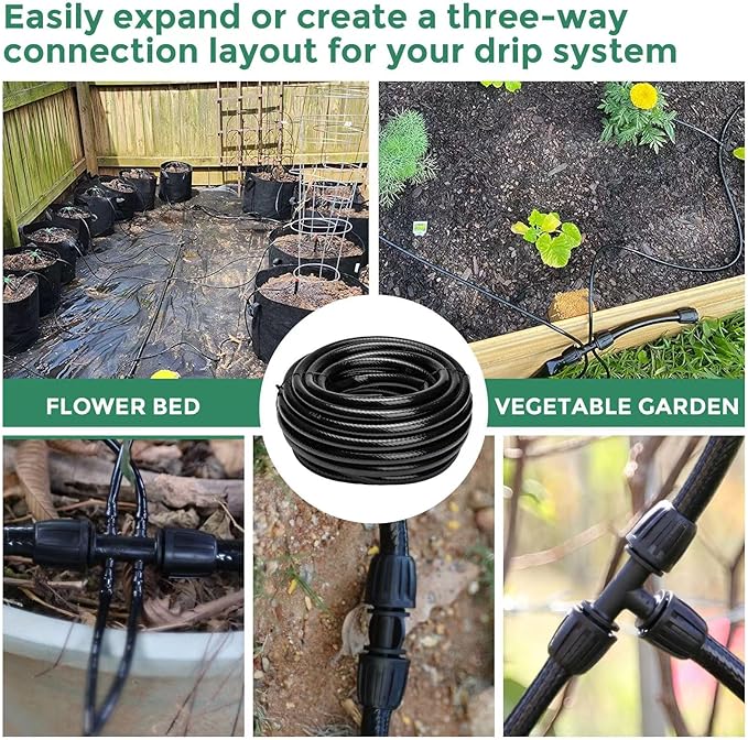 Maotong 40 FT 1/2 inch Drip Irrigation Tubing Main Line Hose Tube for Garden Irrigation System (Includes 1/2" Straight Connector and 3-Way Connector)