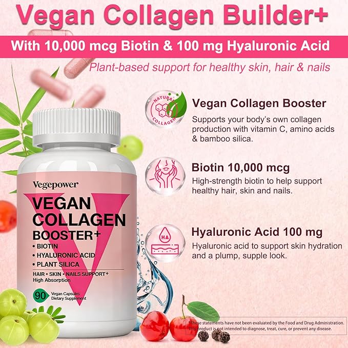 Vegan Collagen Booster with Biotin 10,000 mcg, Hyaluronic Acid, Bamboo Silica, Vitamin C & Zinc, Plant Based Hair Skin & Nails Support for Women & Men, 90 Vegan Capsules