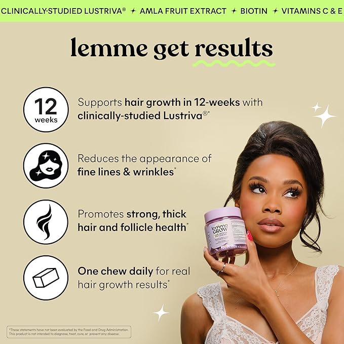 Lemme Grow Hair Growth Booster Soft Chews w/Vitamins for Women and Men with Clinically Studied Lustriva and Biotin, Promotes Thicker, Fuller, Stronger Hair, Mixed Berry, 30 Day Supply