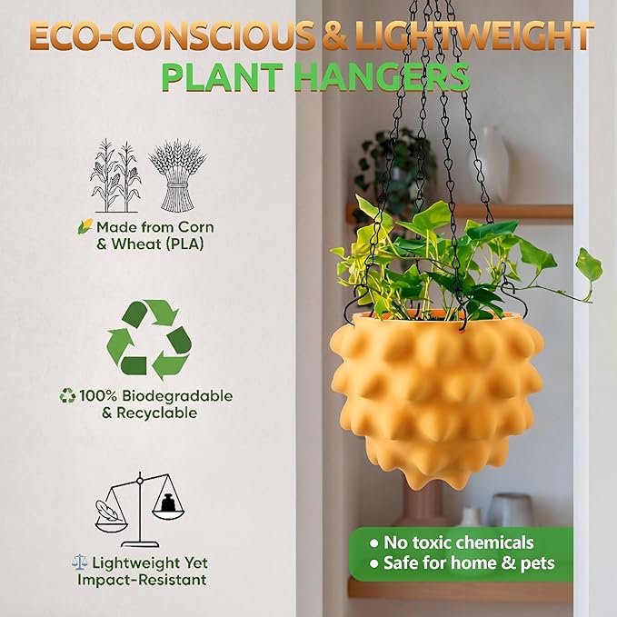 Enhon 6 Inch Hanging Planters for Indoor Plants, Unique Hanging Pots for Plants with Drainage and Hanger Baskets Hangers, Spiked Orb Plant Hanger, Matte Mustard Yellow
