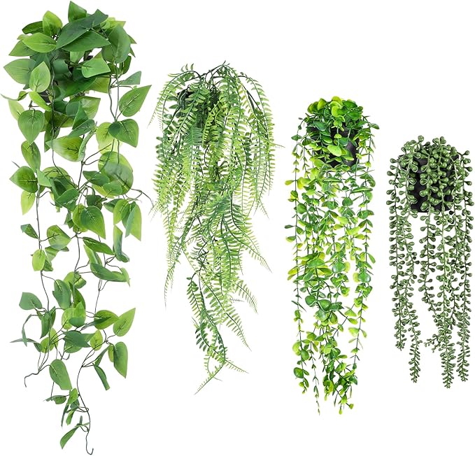 SHENLIU Artificial Hanging Plants for Shelf, 4 Pack Fake Potted Greenery Plant Faux Eucalyptus Vine String of Pearls Boston Fern Ivy Vine Leaves for Living Room Bedroom Boho Wall Shelf Indoor Outdoor