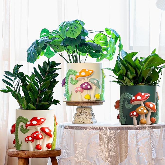 GUGUGO 8 Inch Colorful Mushrooms Planters Cute Unique Rainbow Planter with Drainage, Vintage Retro Flower Plant pots for Indoor Plants, Boho Modern Home Décor (8 Inch, B)