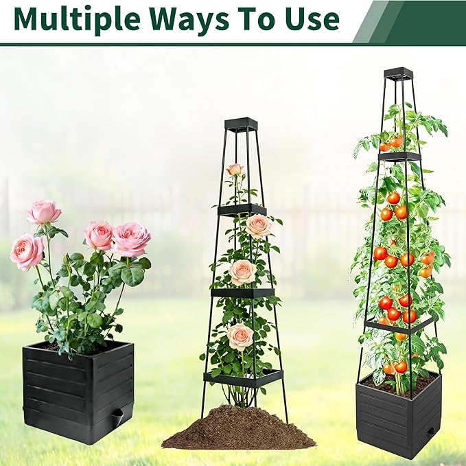 SYITCUN Tomato Planter with Trellis, 57 Inch Self-Watering Planter Box 2-Pack, Grey Planter with Metal Support for Outdoor Indoor Climbing Plants