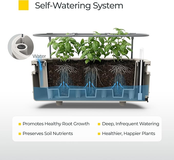 Permasteel Herb Garden Planter with Trellis Support, Self-Watering System with Water Level Indicator, Fits Multiple Herb Plants, for Basil, Flowers, Succulents, Indoor & Outdoor, Taupe