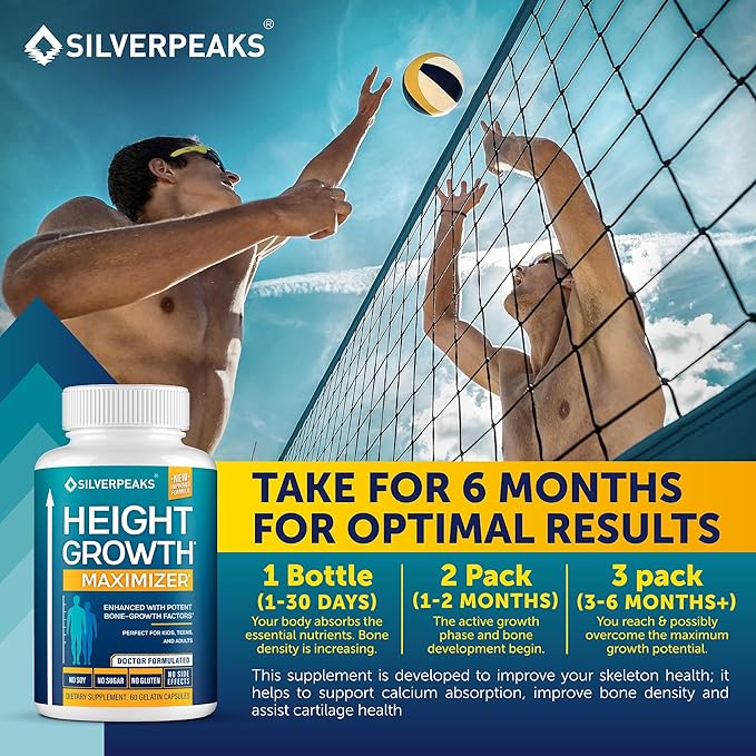 SILVERPEAKS Growth Capsules to Grow Taller - Height Growth Maximizer with Calcium for Bone Strength - Made in USA - Natural Get Taller Supplement to Increase Bone Growth - Pack of 2