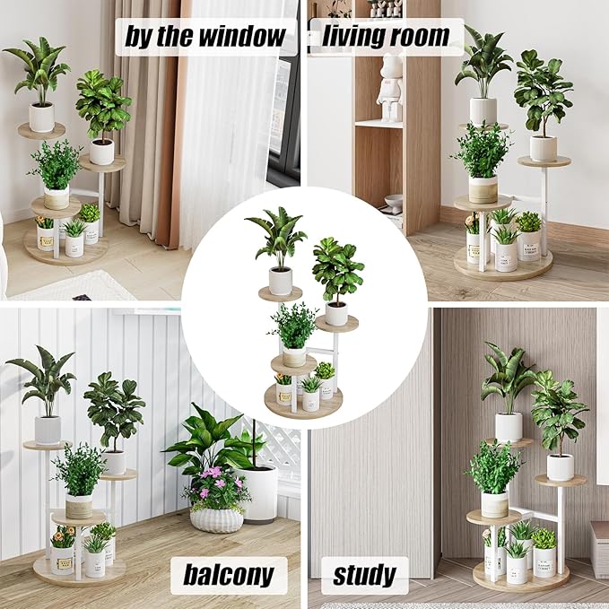 INGIORDAR Plant Stand Indoor Outdoor Corner Flower Stands Multiple Flower Pot Holder for Patio Garden Balcony Living Room 4 Tier White+Sonoma Oa