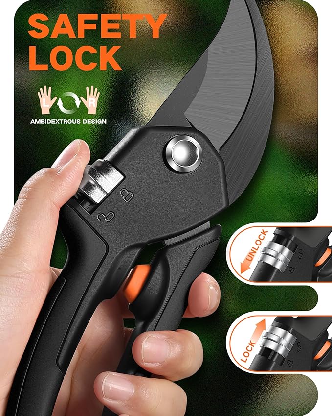 8.5" Pruning Shears for Gardening, 【Unique Stepless Handle Opening】Professional Bypass Garden Clipper, Heavy Duty Plant Pruners for Branch 【SK5 Steel Blades】【All Hand Sizes】, Classic Black