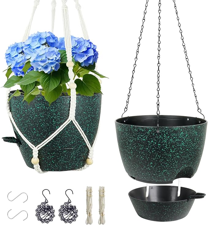 Meowell 10 inch Self Watering Hanging Planters, 2 Pack Hanging Flower Pots for Indoor Outdoor Plants, Hanging Baskets with Drainage Holes & 2 Kinds of Plant Hangers for Home Decor, Speckled Black