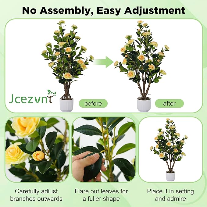 2 Pack Artificial Camellia Tree with White Pot, 38" Faux Potted Plants for Indoor Outdoor Decor, Tall Silk Greenery Plant for Home Offce Living Room Balcony, Yellow