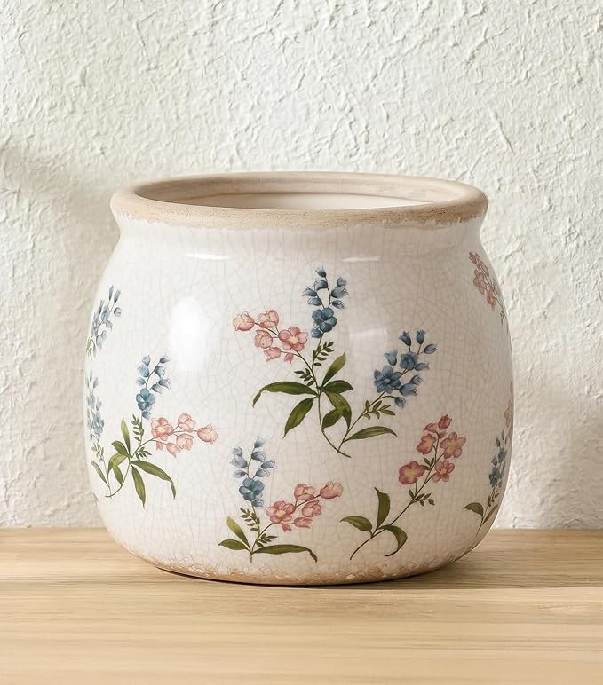 DREAMLOOM Vintage Ceramic Planter for Indoor Plants,6.1" Ice Crack Cottage Scroll Vase Tuscan Decor Flower Pots with Drainage Holes Home Kitchen Farmhouse Antique Decorative Gift (Red-Round)